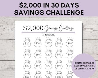2,000 Money Saving Challenge, Save 2000 in 30 days, 2000 Savings Tracker Printable, DIY Cash Envelope Included, US Letter, A4, A5, A6