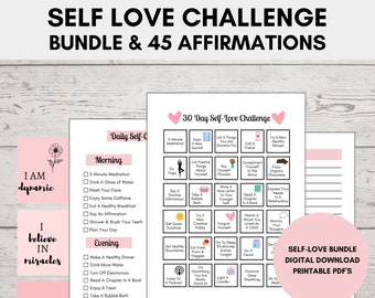 Self Love Challenge BUNDLE Printable PDF's, 30 Day Self Love Challenge, Self-Care Checklist, 45 Positive Affirmation Cards, Journal Sheets