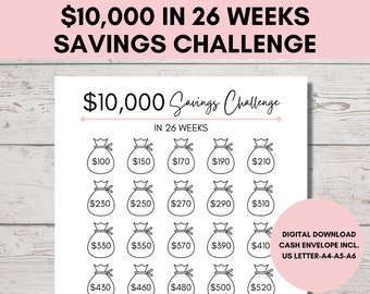 10,000 Savings Challenge 26 Weeks, 10000 Savings Tracker, Finance Tracker Printable, DIY Cash Envelope Included, US Letter, A4, A5, A6