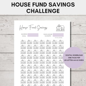 May include: Printable house fund savings challenge tracker with 70 houses to color in as you save towards your goal.  The printable is designed for US Letter, A4, and A5 paper sizes.