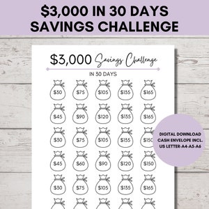 Geldbesparingsuitdaging: 3000 bespaard in 30 dagen, 3000 spaartracker afdrukbaar, inclusief doe-het-zelf-geldenvelop, US Letter, A4, A5, A6