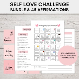 Paquete de desafíos de amor propio, PDF imprimibles, desafío de amor propio de 30 días, lista de verificación de cuidado personal, 45 tarjetas de afirmación positiva, hojas de diario