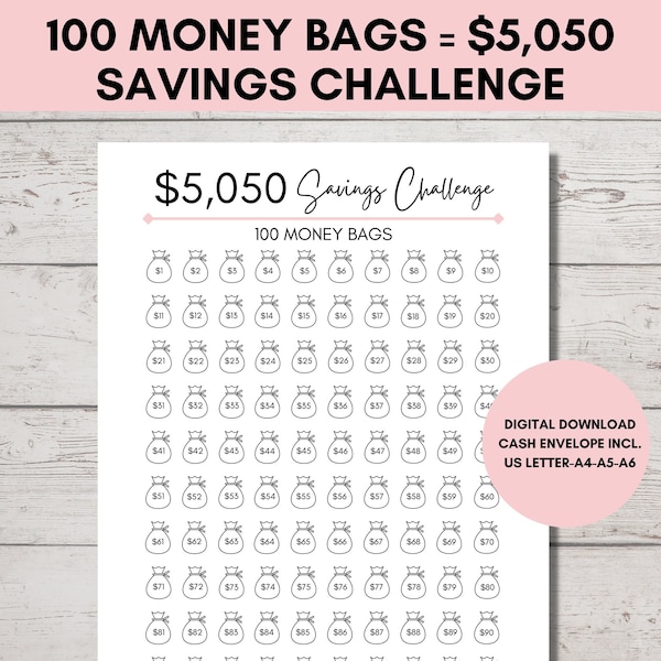 100 Envelope Challenge Printable, 5050 Money Savings Printable Challenge, Finance Tracker, Budget Saving PDF, US Letter, A4, A5, A6