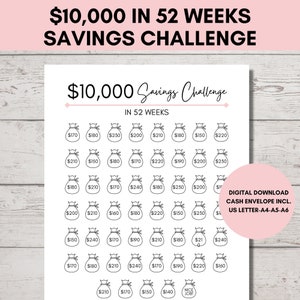 10,000 Savings Challenge 52 Weeks, 10000 Savings Tracker, Finance Tracker Printable, DIY Cash Envelope Included, US Letter, A4, A5, A6