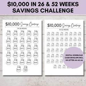 Uitdaging 10.000 geld besparen, 10000 besparingentracker, geldbesparende uitdaging Afdrukbare grafiek 10.000 besparingen, US Letter, A4, A5, A6