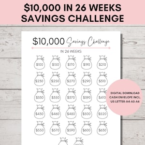 10,000 Savings Challenge 26 Weeks, 10000 Savings Tracker, Finance Tracker Printable, DIY Cash Envelope Included, US Letter, A4, A5, A6