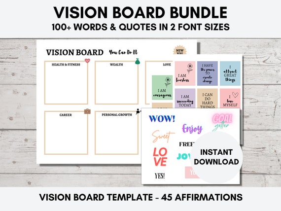 Vision Board Kit Printable, 2023/2024 Vision Board Bundle, Vision Board  Template, 100 Words & Quotes, 45 Positive Affirmations, Download 