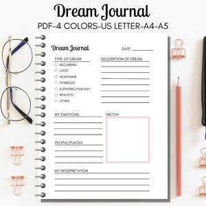 Dream Journal Printable, Dream Journal PDF, Dream Tracker, Dream Diary, Planner Insert, Dream Page, Instant Download, Letter, A4, A5