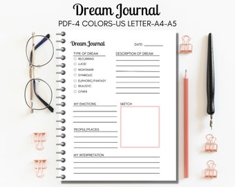 Dream Journal Printable, Dream Journal PDF, Dream Tracker, Dream Diary, Planner Insert, Dream Page, Instant Download, Letter, A4, A5