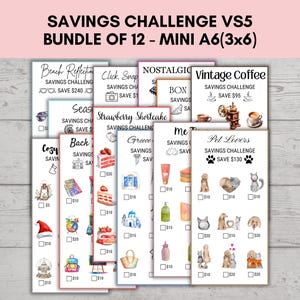 Pode incluir: Um conjunto de 12 cartões de desafio de poupança mini A6 (7,6 x 15,2 cm). Cada cartão apresenta um tema único, como "Beach Reflection" e "Vintage Coffee". Os cartões têm ilustrações em aquarela e texto indicando os valores a poupar.
