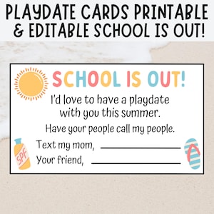 Playdate-Karten, bearbeitbare und druckbare Sommerkontaktkarte für Kinder, Schulabschlusskarten für Kinder, Playdate-Visitenkarten, Spieldatum