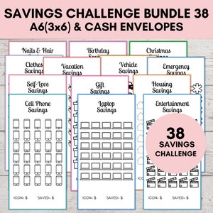 Savings Challenge Printable A6, Savings Challenge Bundle, A6 Savings Challenge, Monthly Money Savings Tracker, 38 Cash Budget Challenges