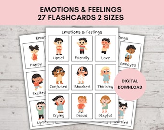 Tarjetas didácticas sobre emociones, tarjetas didácticas sobre sentimientos, tarjetas imprimibles, materiales Montessori, póster sobre sentimientos, rincón de la calma, tabla de 27 sentimientos