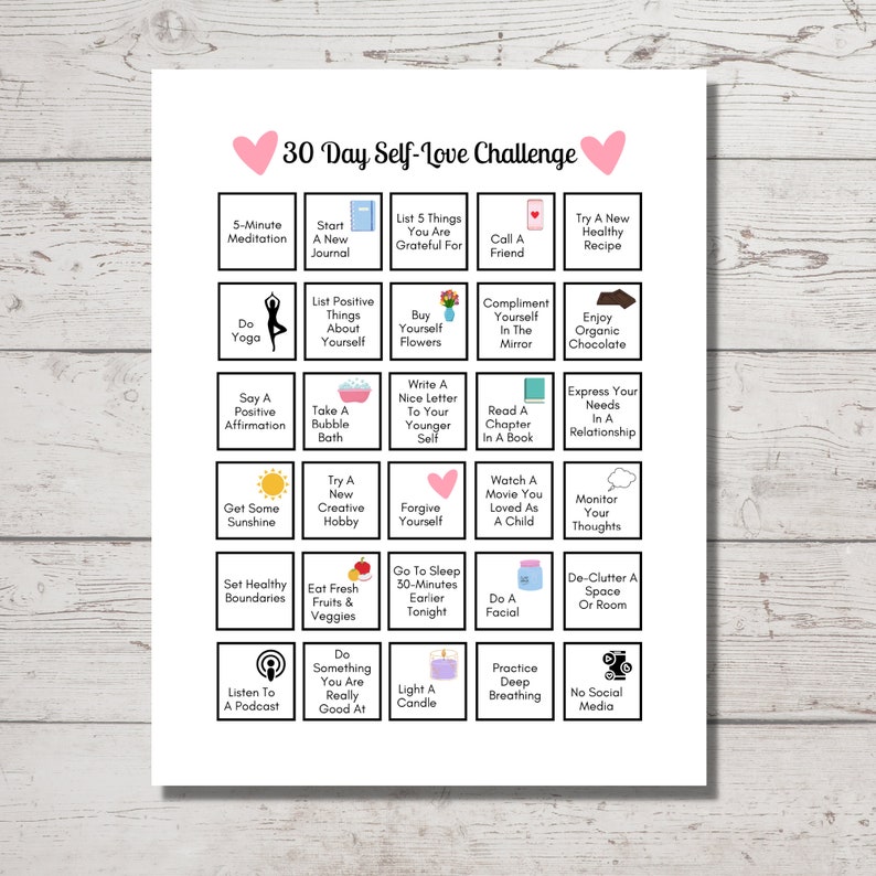 Self Love Challenge 30 Day Printable PDF, Self Care Checklist, Self ...