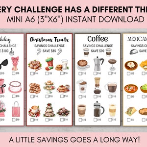 May include: A digital download featuring four savings challenge charts with themes: Birthday, Christmas Treats, Coffee, and Mexican Food. Each chart includes illustrations of related items and savings goals. The text reads "EVERY CHALLENGE HAS A DIFFERENT THEME" and "A LITTLE SAVINGS GOES A LONG WAY!"