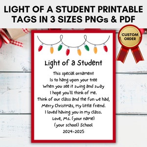 Etiqueta de cartão de estudante Light of a Student em 3 tamanhos, etiquetas de Natal, poema de cartão para impressão para enfeites de estudante, download após a compra PEDIDO PERSONALIZADO