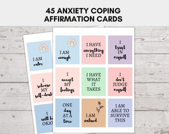 Anxiety Coping Cards, Affirmation Cards Printable, Anxiety Cards, Stress Reducing, Self-Care Cards, 45 Anxiety Coping Skills Flash Cards