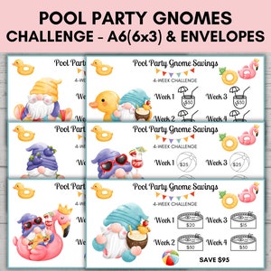Gnome Savings Challenge, Low Income Savings Challenge, Mini Savings Challenge, A6 Savings Challenge Printable POOL PARTY GNOMES