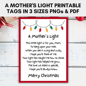 A Mother's Light Card Tag in 3 maten, kerstkaartjes, afdrukbaar kaartgedicht voor mama's ornamenten, Instant Download