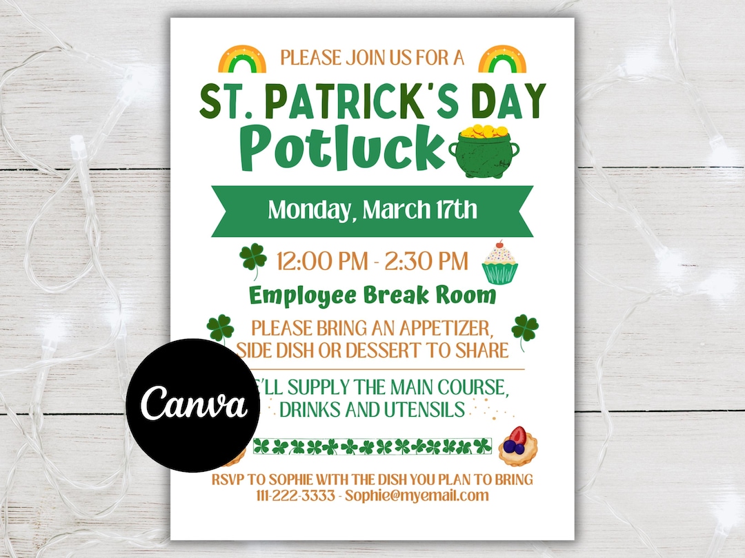 St. Patrick's Day Potluck Flyer Template, Luncheon Potluck Flyer ...
