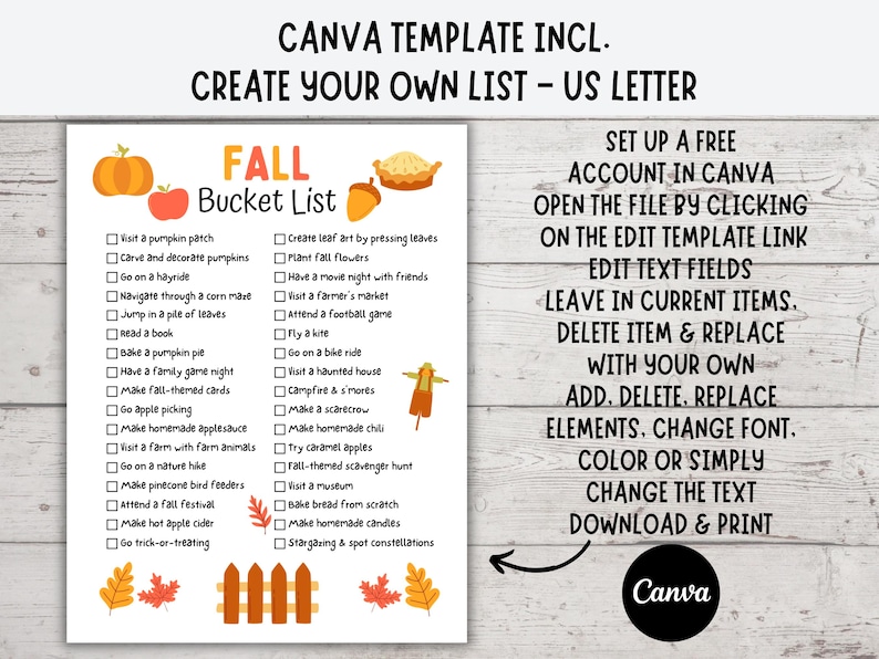Puede incluir: Una lista de verificaci&oacute;n imprimible con un tema oto&ntilde;al. La lista incluye actividades como visitar un huerto de calabazas, dar un paseo en un carro de heno y hacer compota de manzana casera. El texto "FALL Bucket List" est&aacute; en la parte superior de la lista.