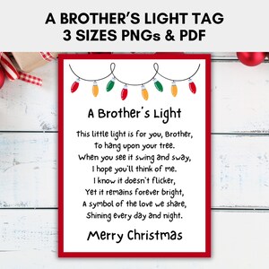 May include: A red-bordered Christmas card with the text "A Brother's Light" and a poem about a Christmas tree light. The card is decorated with string lights and the words "Merry Christmas".