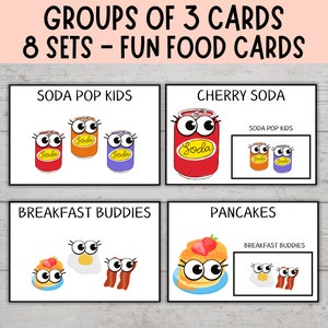 Groupes de 3 cartes d'associations, Gestion de classe, Cartes d'associations culinaires, Cartes d'associations petits groupes, ALIMENTS AMUSANTS