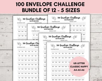 Puede incluir: Un paquete de 12 rastreadores de ahorro "100 Envelope Challenge" en varios tamaños. Cada hoja presenta una cuadrícula de sobres con cantidades para ahorrar, y el texto "100 Envelope Challenge" y "Save" en la parte superior. Tamaños: US Letter, Classic Happy, A4-A5-A6.