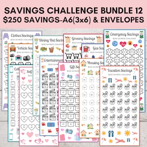 Savings Challenge Printable, Savings Challenge Bundle, A6 Sized Mini Savings Challenge Trackers, 250 Savings Challenge, Set of 12, Envelopes