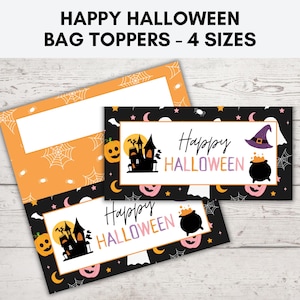 May include: Halloween-themed bag toppers with the text "Happy Halloween" and various spooky illustrations, including a haunted house, witch's hat, and cauldron. The toppers are in four sizes and feature orange and black backgrounds.