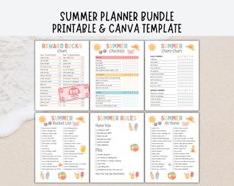 Summer Planner Bundle for Kids, Printable Editable Canva Templates, Summer Bucket List, Summer Chore Chart, Summer Checklist, Reward Bucks