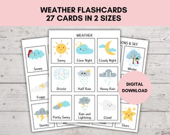 Weather Flaschcards, Montessori Flashcards, Pre-School Cards, Weather and Seasons Educational Printable Cards, Seasons Flash Cards