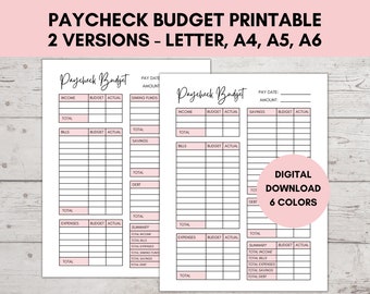 Paycheck Budget Printable, PDF, Budget by Paycheck, Paycheck Budget Planner, US Letter, A4, A5, A6 Instant Download, Personal Budget