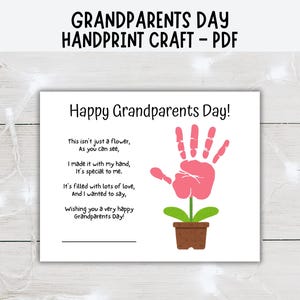 Handavtryckspyssel för mor- och farföräldrars dag, blomma i present till handavtryck för mor- och farföräldrars dag, handavtryckskonst för mor- och farföräldrars dag, dikt för handavtryck för förskola
