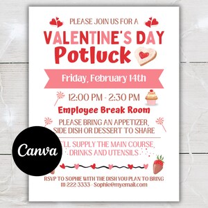 Könnte beinhalten: Eine rosafarbene und rote Einladung zu einem Valentinstags-Potluck mit Herzen, einem Cupcake und einem Brot-Herz. Die Einladung ist für Freitag, den 14. Februar von 12:00 Uhr bis 14:30 Uhr im Mitarbeiter-Pausenraum. Es wird gebeten, einen Appetizer, eine Beilage oder ein Dessert zum Teilen mitzubringen. Der Gastgeber wird den Hauptgang, Getränke und Besteck bereitstellen. Bitte melden Sie sich bei Sophie mit dem Gericht, das Sie mitbringen möchten, unter III-222-3333 oder Sophie@myemail.com.