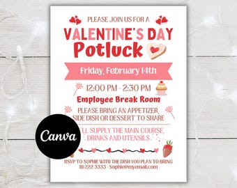 Valentine Potluck Flyer Template, Luncheon Potluck Flyer, Office Party, Valentines Day Flyer Editable, Canva Template
