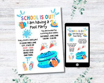 May include: A colorful invitation for a pool party. The invitation says "School is out! I am having a pool party." The invitation includes details about the party, including the date, time, and location. It also includes a reminder to bring a towel.