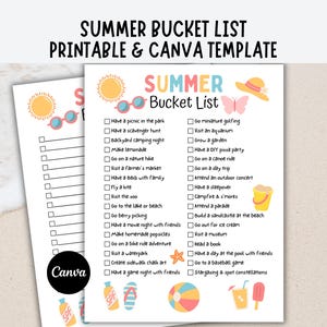 Liste des seaux d'été imprimable, modifiable Liste des seaux d'été, modèle de liste de seaux, modèle d'été pour les enfants, liste de contrôle des activités estivales