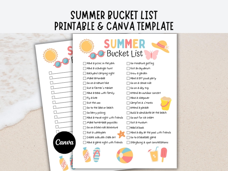 May include: Two printable summer bucket list templates. The lists include activities like picnics, scavenger hunts, and stargazing. The design features suns, sunglasses, a butterfly, and other summer-themed illustrations. The Canva logo is visible.