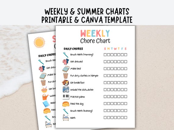 Chore Chart For Kids, Summer Chore Chart Editable, Weekly Chore Chart Pictures, Kids Chore Chart Editable, Printable Summer Checklists