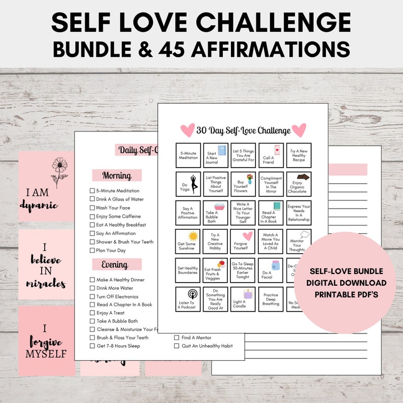 May include: A pink and white printable self-love challenge bundle with 30 days of self-care activities and 45 affirmations. The bundle includes a daily self-care checklist and a 30-day self-love challenge grid.
