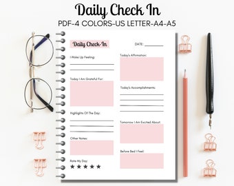 Daily Check-In Journal Printable PDF, Self Care Daily Check In Journal, Daily Reflection Journal, Daily Check In Template, 5 Minute Journal