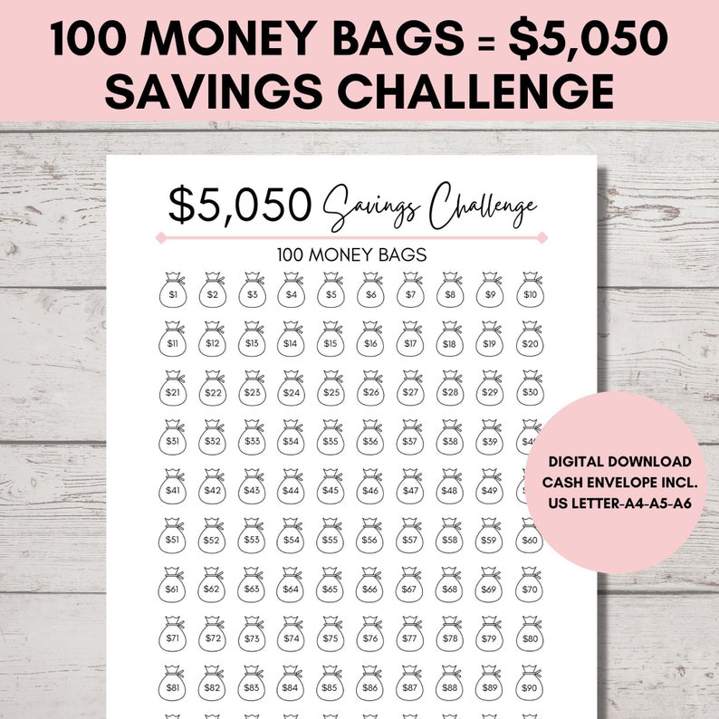 100 envelope challenge printable 5050 money savings printable etsy