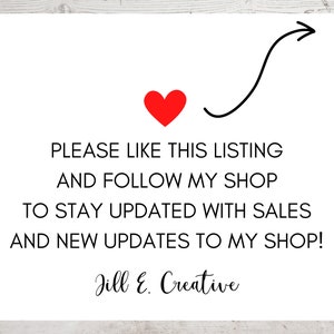 K&ouml;nnte beinhalten: Eine wei&szlig;e Karte mit einem roten Herzen und einem schwarzen Pfeil, der nach rechts zeigt. Der Text auf der Karte lautet: "PLEASE LIKE THIS LISTING AND FOLLOW MY SHOP TO STAY UPDATED WITH SALES AND NEW UPDATES TO MY SHOP! Jill E. Creative"