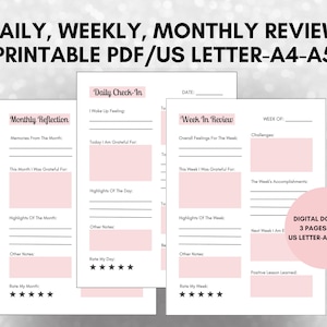 Reflexiones Diarias, Diario de Reflexión Semanal, Hoja de Trabajo de Revisión Mensual, Diario de Gratitud, Revisión Semanal, PDF Imprimible, Carta de EE. UU., A4, A5