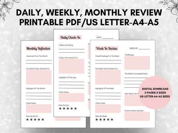 Daily Reflections, Weekly Reflection Journal, Monthly Review Worksheet, Gratitude Journal, Weekly Review, Printable PDF, US Letter, A4, A5