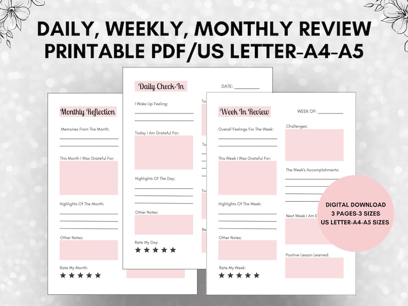 Puede incluir: Planificador de revisi&oacute;n diaria, semanal y mensual en PDF imprimible con secciones para la reflexi&oacute;n, la gratitud y los aspectos m&aacute;s destacados. El planificador est&aacute; disponible en los tama&ntilde;os US Letter, A4 y A5.