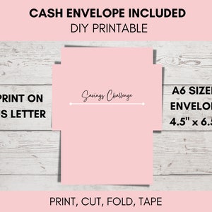May include: Printable cash envelope template for a savings challenge. The template is designed to be printed on US letter size paper and folded into a 4.5" x 6.5" A6 envelope. The template has the text "Savings Challenge" printed on it.
