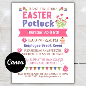 Può includere: Un invito rosa e viola per un potluck di Pasqua. L'invito include la data, l'ora e il luogo dell'evento. Indica anche che i partecipanti devono portare un antipasto, un contorno o un dessert da condividere. L'ospite fornirà il piatto principale, le bevande e le posate. L'invito include una grafica di un cupcake e fiori.
