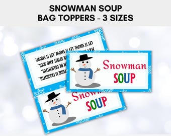 Adorno para bolsa de sopa de muñeco de nieve, adorno para bolsa de dulces navideños, etiqueta de regalo navideña imprimible, etiqueta de regalo escolar para niños de invierno, sopa de muñeco de nieve imprimible